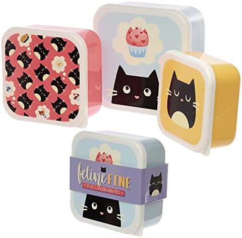 Puckator Feline Fine Cat Red Yellow Blue Reusable Lidded Snack Pot Lunch Box Set of 3, BPA Free PVC, Work School Travel Home, Medium 4.5x10x10cm Large 5.5x11.5x11.5cm XLarge 6x13.5x13.5cm