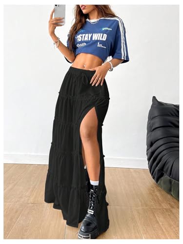 Women's Boho Skirt Flowy Flared Ruffle Long Maxi Skirts Tie Front Elastic Waist Split Thigh A Line Skirts4