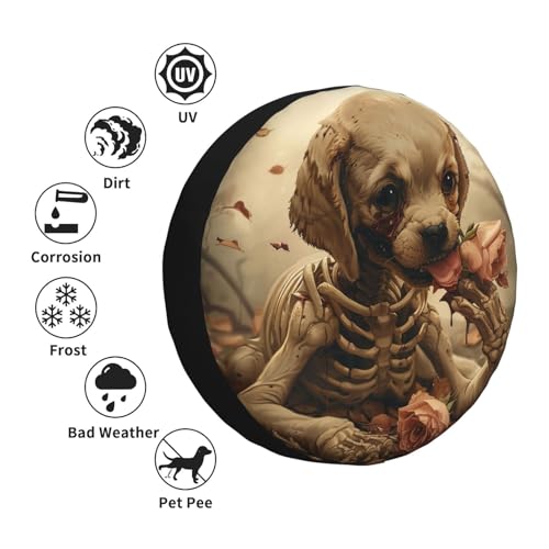 Image of Puppy Skeleton Spare Tire Cover, Universal Wheel Tire Cover Funny Skull Skeleton Tire Protectors for Trailer RV SUV Truck Camper 15 Inch