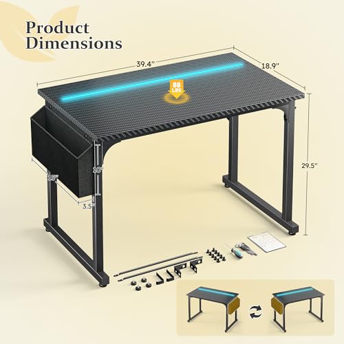 DurayLoly 40 Inch Computer Desk with LED Lights for Small Spaces, Office Desk for Home Office, Study Desk Writing Table with Storage Bag, Headphone Hook, Black
