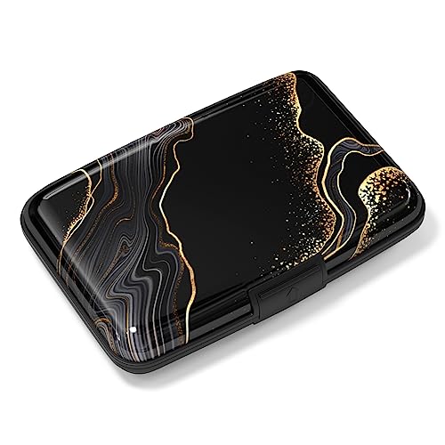 Image of Rimilak Aluminuml Credit Card Holder, Mini Credit Card Wallet RFID Blocking Slim Metal Hard Case for Women Men, Black Gold Mable