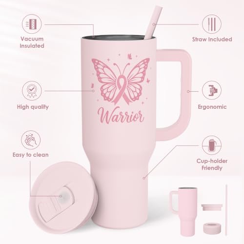 Image of Breast Cancer Awareness Stainless Steel Slider Tumbler with Handle 40 Ounces with Lid, Travel Cup, Insulated Bottles for Girls Women