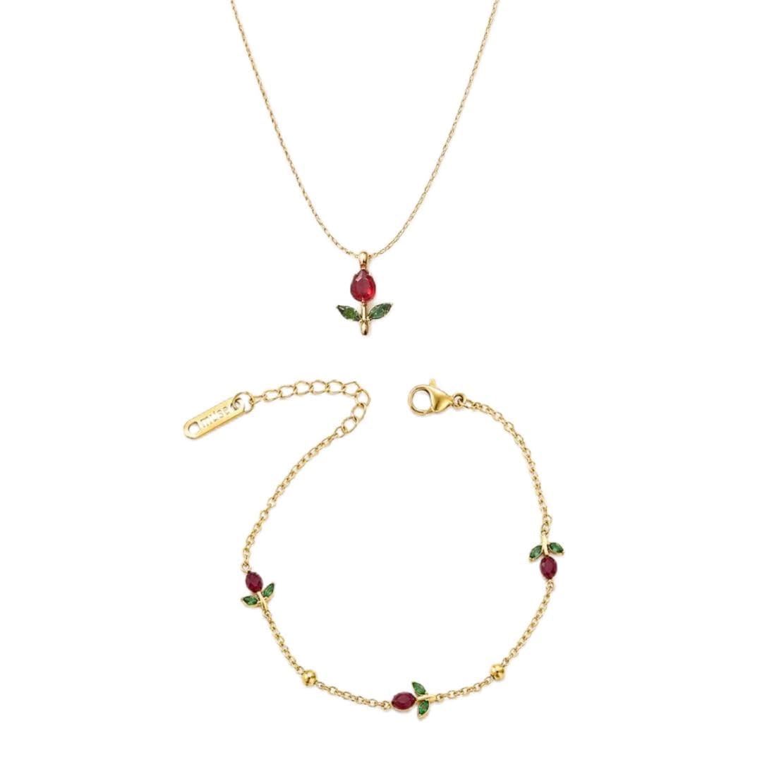 Crystal Rose Necklace and Bracelet Set for Women, Gold-Tone Stainless Steel Floral Jewelry Set, Red & Green Crystal Rose Pendant with Matching Bracelet, Anti-Tarnish, Gift for Girls-image-11