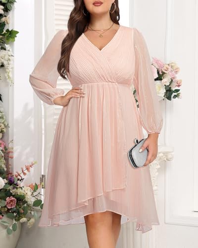 Image of Talisea Plus Size Cocktail Dress - Formal Wedding Guest Fall Long Sleeve A Line Pleated V Neck Midi Dresses for Curvy Women