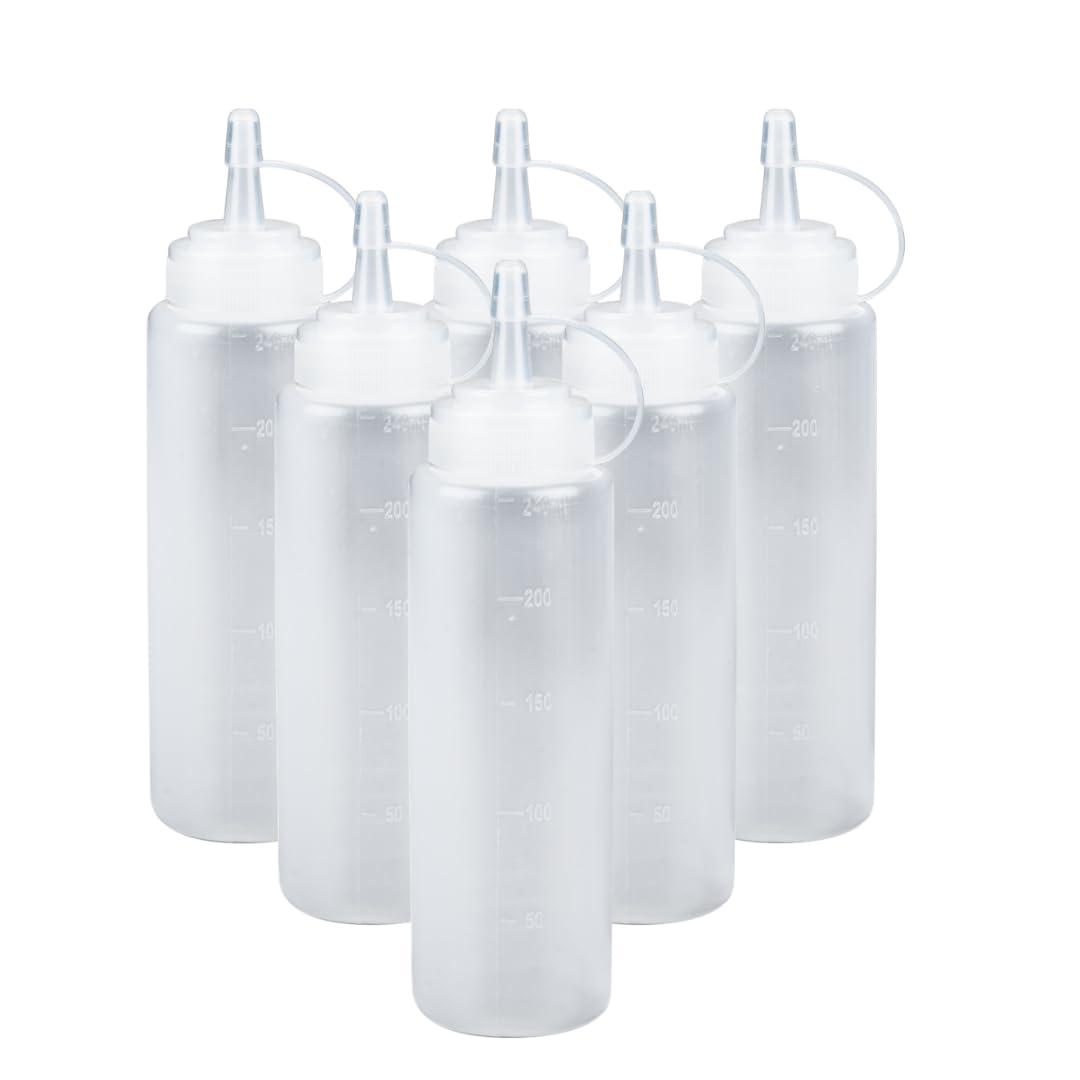 ABENA Sauce Squeeze Bottle | 6pcs Of 240ml Clear PE/PP Condiment Container | Suitable For Ketchup, Syrup And More | With Nozzles For Food Vendors