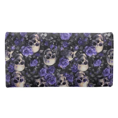 Image of AFPANQZ Skull Purple Rose Leather Wallets for Women RFID Blocking Checkbook Wallet with Cit Card Slots, Women's Leather Purse Large Capacity PU Purses with Zipper