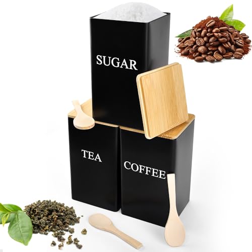 HEKOBAG Gewürzgläser Eckig, 3 Stück Gewürzdose/Teedose Kleine Eckige Vorratsdose für Tee, Kaffee und Zucker, Schwarze Frischhaltedose Metall Küche Gewürzbehälter mit Bambusdeckel und Löffel