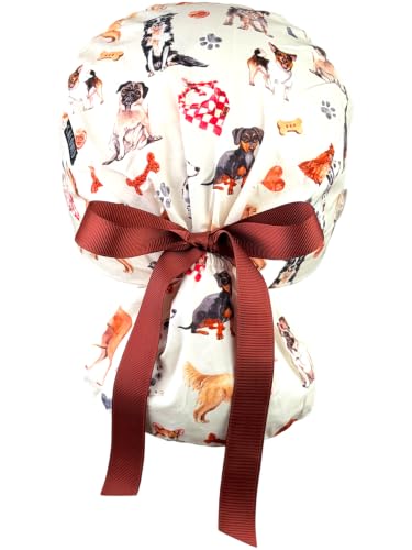 Image of Scrub Cap for Women and Men, Ponytail Scrub Caps, Working Hat, Head Cover with Ribbon Ties and Buttons, Long Hair
