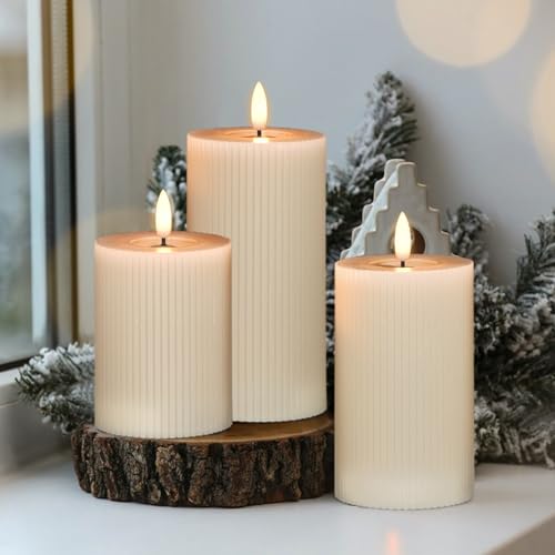 Image of Eldnacele Vertical Stripe Pillar Flameless Candles with 6 Hours Timer, Battery Operated 3D Wick Flickering Warm Lights Real Wax Gray LED Candles Dinner Indoor Holiday Christmas Decor(3Pcs,3 inchx5 inch /6 inch /7 inch)