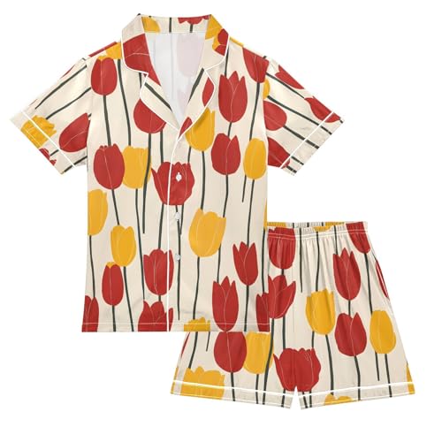 ALAZA Red Yellow Tulip Flower Art Pajamas Satin Pajama Set Short Sleeve Button Down Sleepwear