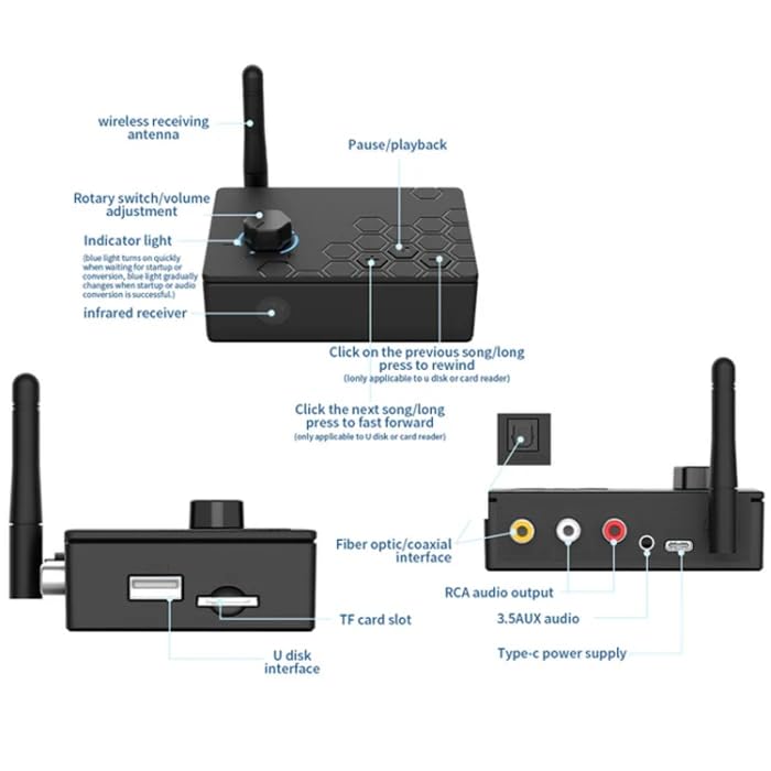 Image of MICROWARE Bluetooth 5.4 Receiver Digital to Analog Card U Disk Converter Adapter with Remote Control(Coaxial Conversion)