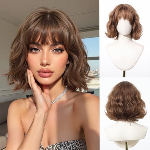 Umbrion Light Brown Short Bob With Bangs Wavy Curls Human