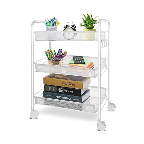 Image of Sulfar 3 Layer Multi Purpose Stainless Steel Rotating Kitchen Trolley Space-Saving Fruits Vegetables Storage Rack Organizer (White)