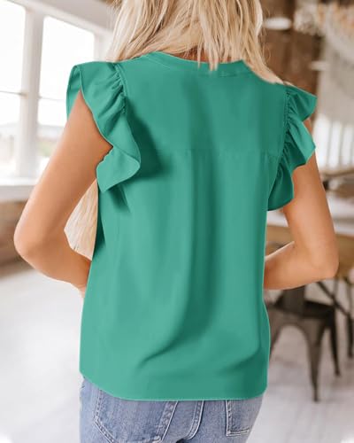 Zenlonr Womens Summer Tops 2026 Casual V Neck Ruffle Cap Sleeve Blouse Shirts Solid Color Tunic Tops(Blue Green,Medium) — view 5