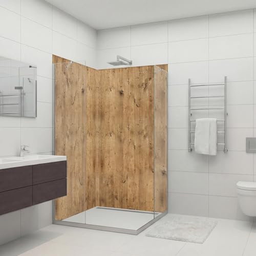 dedeco Pannello posteriore per doccia ad angolo impermeabile, motivo: legno V5, vernice UV lucida, 2 x 80 x 210 cm, come parte posteriore del bagno per la sostituzione delle piastrelle, come