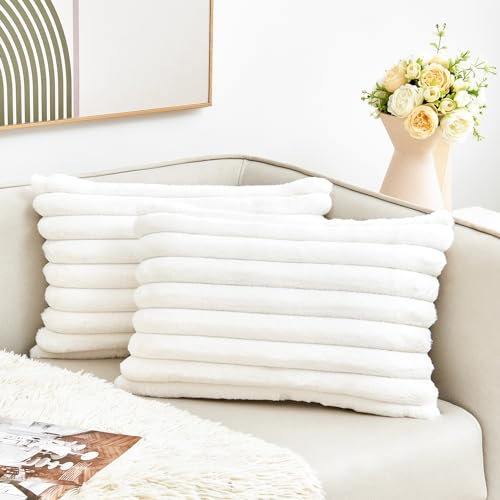 GriNeed Throw Pillow Covers Decorative Faux Fur Set of 2 12x20 Inch Pillow Covers, Soft Cream White Lumbar Plush Striped Pillowcases for Couch Sofa Bed Living Room, Fluffy Cute Home Boho Accent Decor