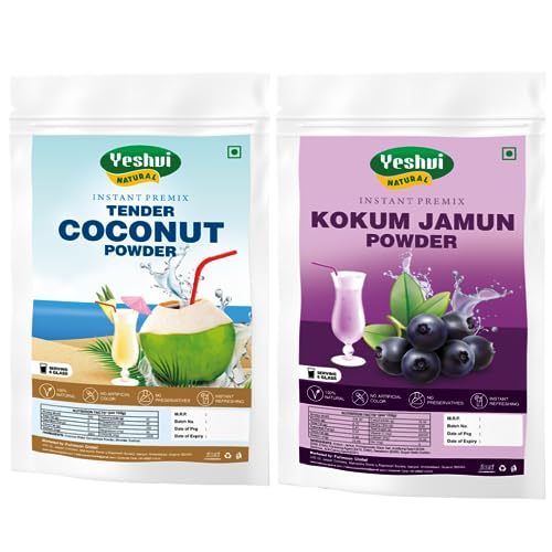Yeshvi NATURAL Tender Coconut Water Powder & Kokum Jamun Fruit Juice Powder Combo Pack, Instant Mix Drink for Daily Hydration & Healthy Skin, Immunity Booster, Easy to Make Beverage, 200gm
