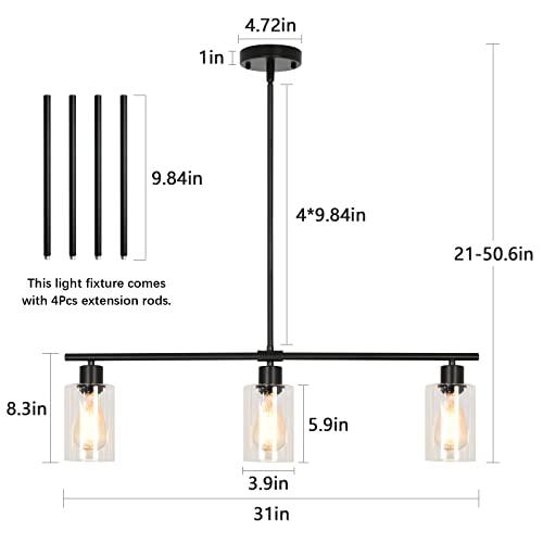Image of 3-Light Modern Linear Black Chandeliers with Adjustable Height Pendant Light