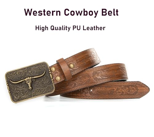 Western Cowboy Leather Belts for Women Men - Longhorn-Bull-Pattern Square-Buckle Belt Floral Engraved for Jeans3