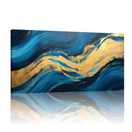 Toile d'art mural abstrait bleu et or 55x110cm encadrée pour salon chic