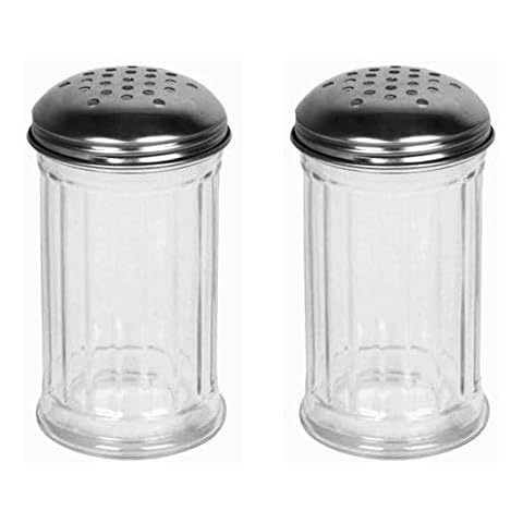 Great Credentials© Set of 2 Multi-Purpose Spice Seasoning Grated Cheese Shaker Retro Dispenser, Glass Jar, Perforated Stainless Steel Lid 12 OZ Each (Perforated Lid) Cover