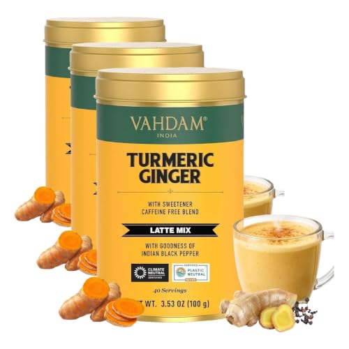 Image of VAHDAM, Golden Milk Powder /Turmeric Ginger Latte Mix (100g, 40 Cups) Caffeine-Free | Powerful Curcumin, Turmeric Powder & Ginger | Brew Hot /Iced Tea (Pack of 3)