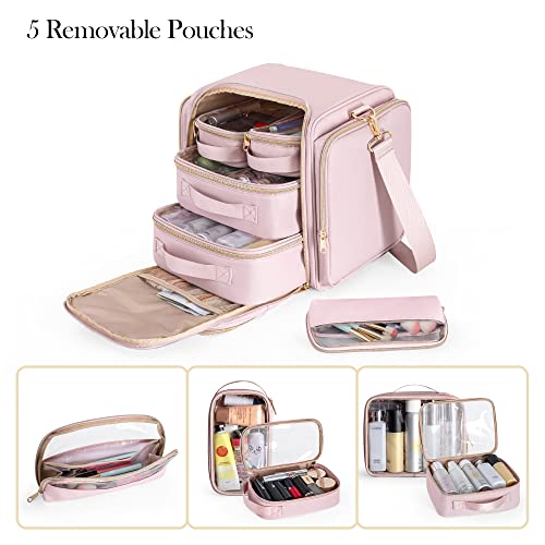 Travel Makeup Bag with 5 Removable Cases, Large Cosmetic Case Make up Organizer with Strap and Multiple Storage Pockets, Pink (Patented Design)2