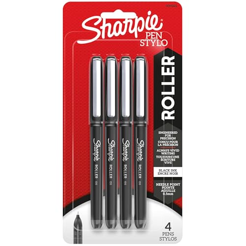 Sharpie® Rollerball Pens, Needle Point, 0.5 mm, Black Ink, Pack Of 4