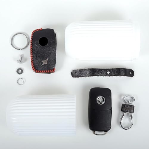 Image of Leather Smart Car Key Cover Case with Metal Hook Keychain for Skoda Octavia<2014, Rapid, Yeti, Superb, Laura, Fabia, Volkswagen Jetta, Vento, Polo, Ameo (Black)