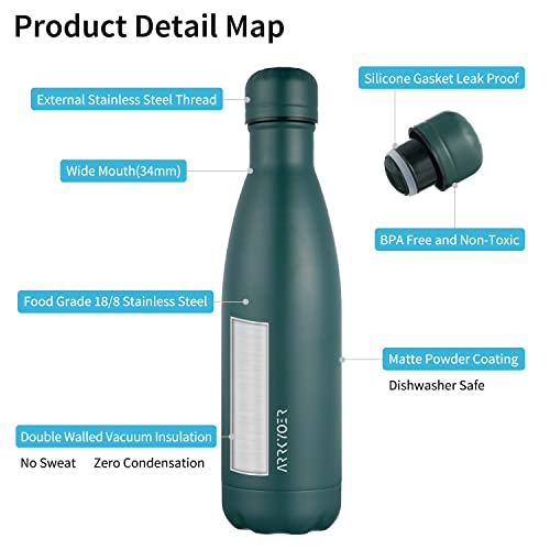 Insulated Water Bottle, 17Oz Stainless Steel Metal Thermos Water Bottles, Leak Proof Bpa-Free Dishwasher Safe Reusable Flask For Sports Travel, Army Green #TOP2