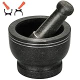 Fácil de Limpiar: Simplemente enjuague el mortero y el mortero a fondo con una esponja en agua caliente, sin dejar olor. Hecho de granito natural puro, lave antes del primer uso para eliminar el polvo de granito en la superficie.