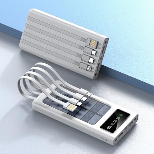 Banco de energía solar 30000mAh blanco con cables integrados y pantalla LCD 6