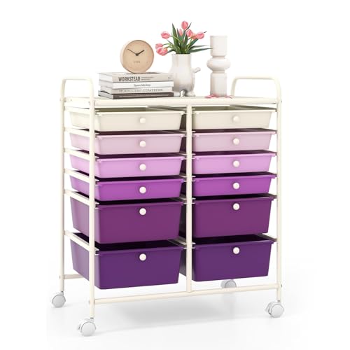 Image of LDAILY 12 Drawer Rolling Storage Cart, Craft Cart Organizer on Wheels with Metal Frame, Large Capacity & Smooth Drawers for Living Room, Classroom, Office (Gradient Purple)