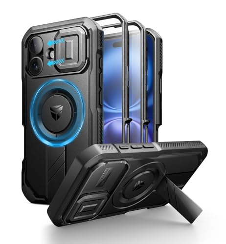 Dexnor pour Coque iPhone 16 Magnétique avec Couverture de Caméra Coulissante & Support Réglable & Film de Protection D'écran Intégré, Boîtier de Résistant aux Pare Chocs Robuste - Noir