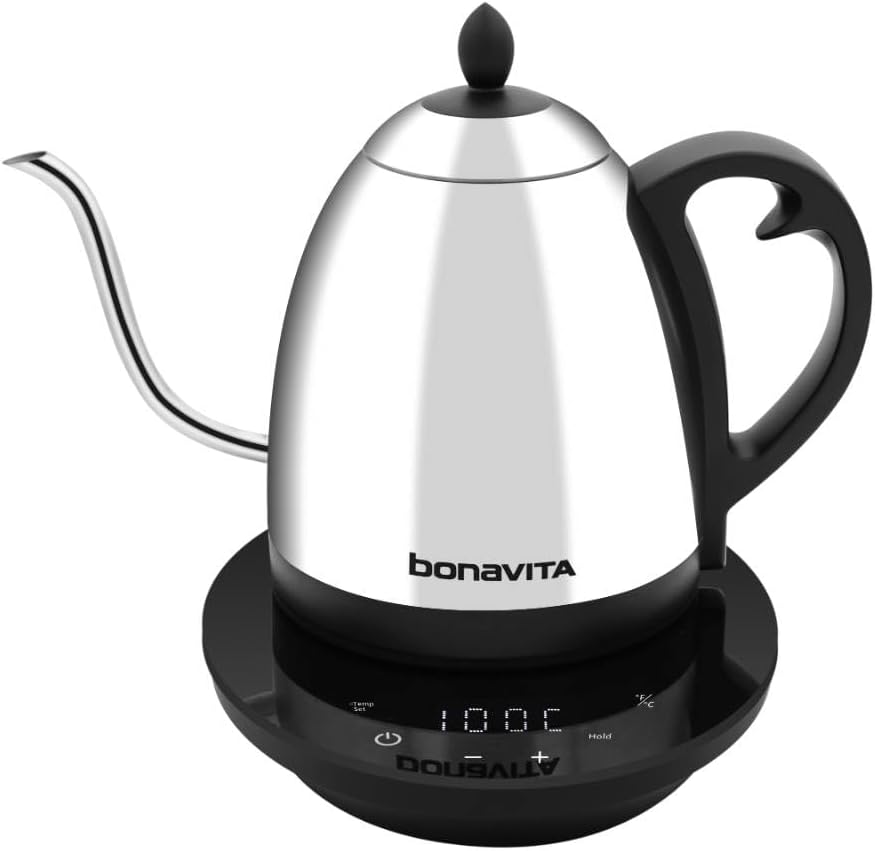 Bonavita Cosmopolitan 1.0L Gooseneck Electric Kettle, Stainless Steel Water Boiler for Coffee Brew and Tea Precise Pour Control, 6 Preset Temps, Glass Touch Panel, 1200W Fast Boil, Matte Black