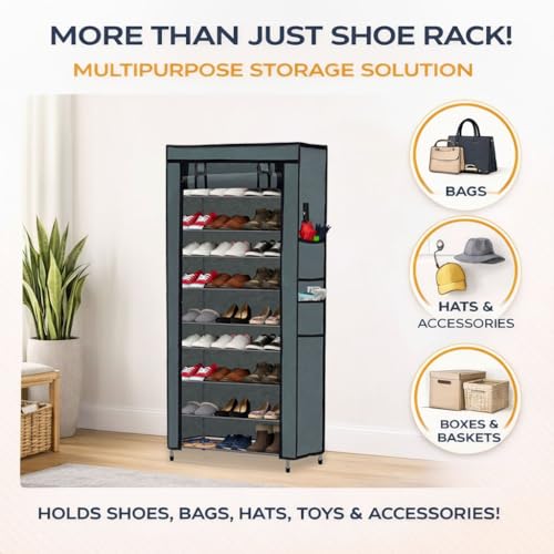 Image of Metal Shoe Stand with Cover, 9 Tier Shoe Organiser for Home & Office - Grey