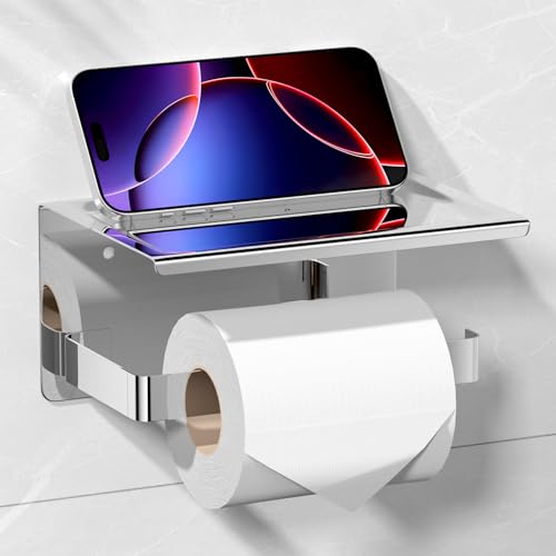 HITSLAM Portarrollos Papel Higienico Adhesivo Acabado Pulido, Portarrollos Papel Cocina con el Teléfono Móvil Estante, Soporte Papel Higienico sin Taladro o Montado, Acero Inoxidable Portarrollos Baño