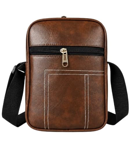 Men's PU Leather Crossbody Sling Bag | Small Messenger Bag with Adjustable Shoulder Strap | Front Zipper Pocket | Travel, Office, Daily Use | Brown-image-42