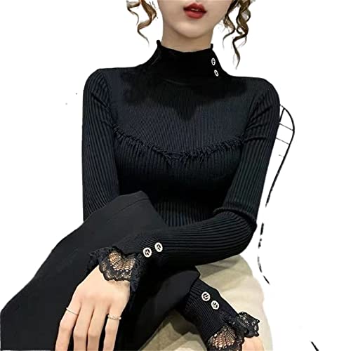 HJHIKJK Cárdigans de Mujer Suéter de Cuello Alto de Encaje para Mujer, Ropa Interior Popular de otoño e Invierno(Schwarz,M)