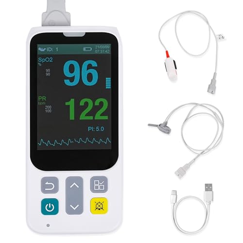 Image of Handheld Pulse Oximeter with Respiration Tracking, Rechargeable Oxygen Monitor for Adults, Continuous Monitoring with Alarm, Includes Finger Sensor and Foot Sensor for Home, Sports and Aviation Use