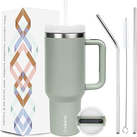 Serborni 40 OZ Tumbler With Handle and 3 Straws Lip Simply Modern Stainless Steel Tumblers Travel Mugs Insulated For Hot and Cold（Bay Leaf）