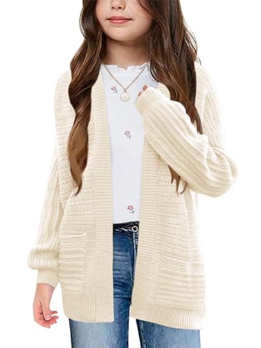 Image of Haloumoning Kids Girls Open Front Cardigan Sweaters Long Sleeve Cable Knit Fashion Clothes with Pockets 5-14 Years