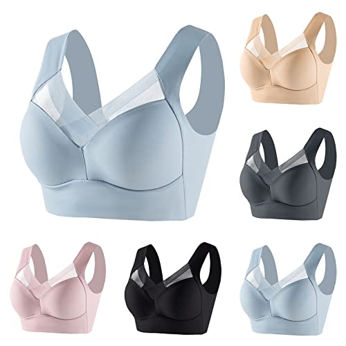 Wmbra Bra UK, Wmbra Posture Correcting Bra Summer Wireless Push-Up Comfort Crossover Bra, Full Back Cover Plus Size Bra Breathable Non Wired Sport Bra Front Fastening Bras for Women UK Black XXXL