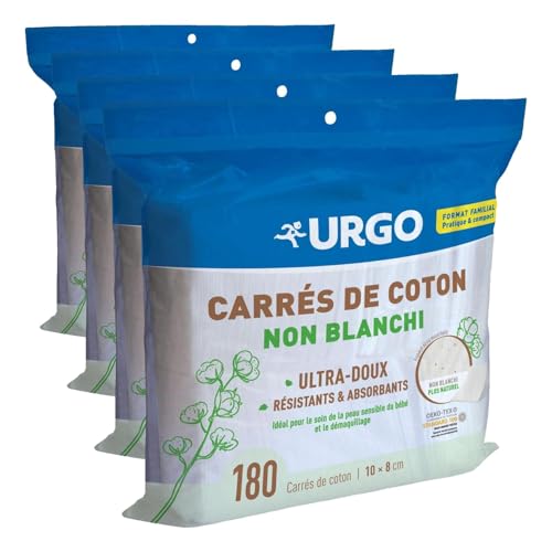 Urgo - Carrés de coton - Ultra-doux Absorbants - Coton de qualité certifiée OEKO-TEX® Non Blanchi - 180 unités (Lot de 4)