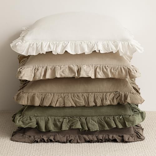 Image of Foindtower Set of 2 Decorative Linen Fringe Ruffle Throw Pillow Covers Soft Boho Farmhouse Cushion Cover Cozy Accent Retro Pillowcase for Couch Sofa Bed Living Room Home Decor,24x24 Inch,Olive Green