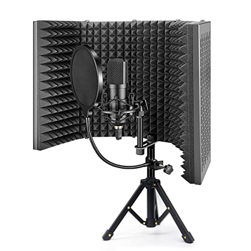 マイク分離シールド リフレクションフィルター 卓上 マイク防音シールド 折り畳み式 五つ折り EVAフォームABS樹脂 軽量 ノイズ低減 ノイズ反射 録音用 ボーカル録音・放送用リフレクション・フィルター録音吸音材 (防音セット)