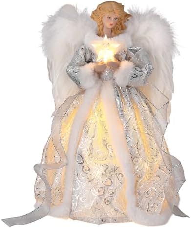 WIOR 12Inch Angel Christmas Tree Topper with White Feather Wings, Led Lighted Xmas Tree Topper Angel Figurine Ornament Christmas Tree Decorations for Home Holiday Party Wedding Christmas Decor, Silver