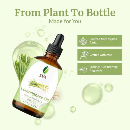 Image of SVA Lemongrass Essential Oil 4 Fl Oz - for Diffuser, Skin & Hair Care - Ideal for Massage & DIY Blends - with Dropper