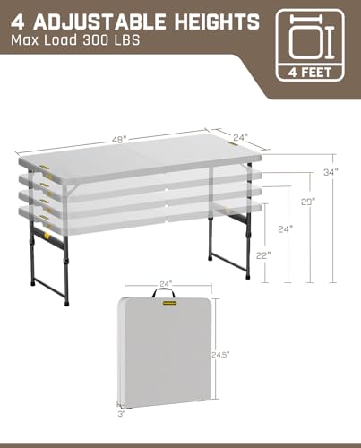 FanttikOutdoor 4ft Portable Folding Table, One-Handed Height Adjustment, 4 Heights, Gravity Lock, Carry Handle, Indoor Outdoor Heavy Duty Fold-in-Half Utility Table, Party, Gray Zeta X4 Pro