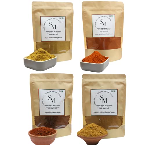 Spice Meve Pack of 4 Gourmet Masala Mixes | Sunday Special Malvani Masala, Kitchen King Masala, Kolhapuri Masala & Chicken Masala (100g each)